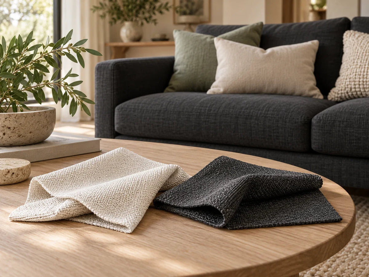 Ivory and charcoal fabric swatches on a timber table in front of a dark charcoal sofa.