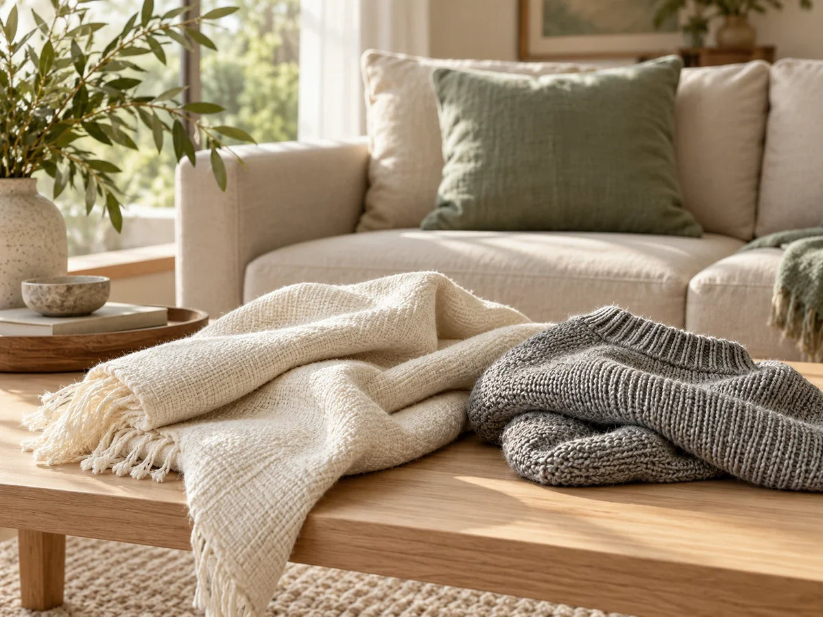 A cream woven textile and grey knitted jumper on a timber table in front of a neutral sofa.