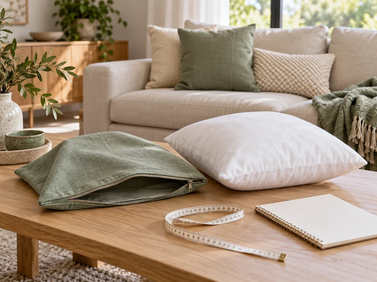 An empty sage decorative cushion cover and separate white insert on a timber table, beside a tape measure and blank notebook.