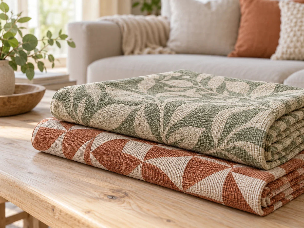 Folded generic floral and geometric patterned fabrics on a timber table beside a softly lit neutral sofa.