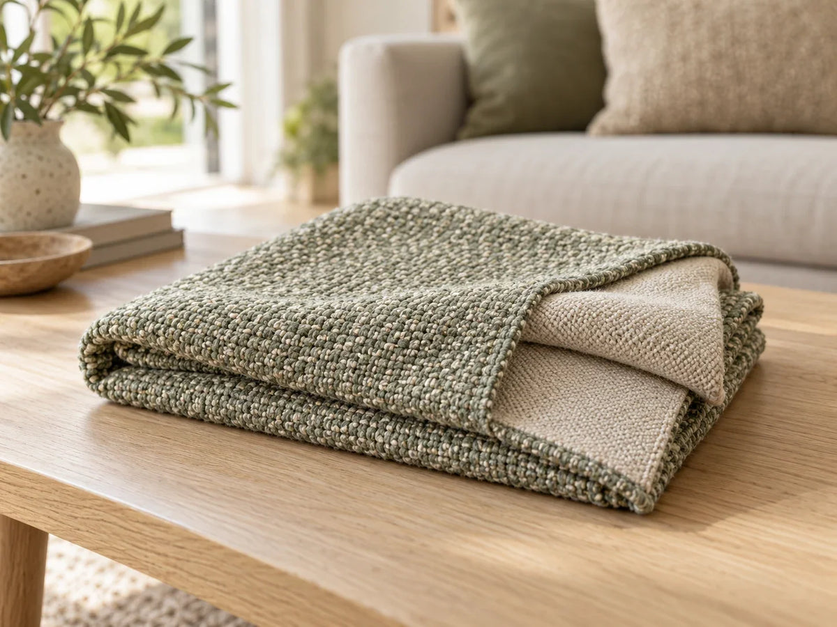Folded sage and oat woven fabric showing two different surfaces on a pale oak table in a softly lit living room.
