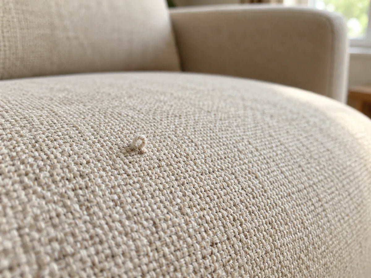 A small raised yarn loop on a light woven sofa cushion, with the surrounding fabric intact.