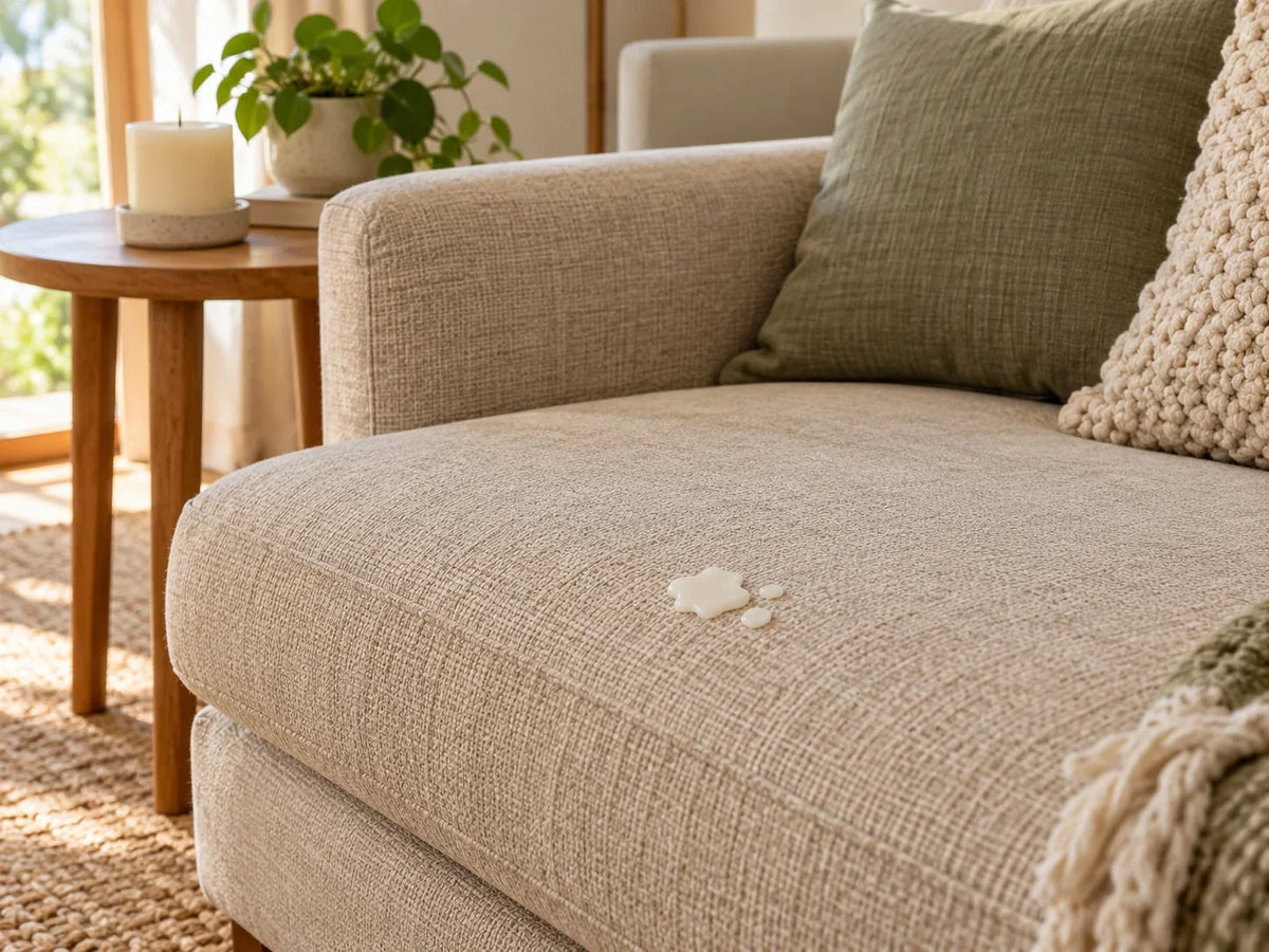 A small ivory wax deposit on a neutral fabric sofa cushion, with an unlit candle on a separate side table.