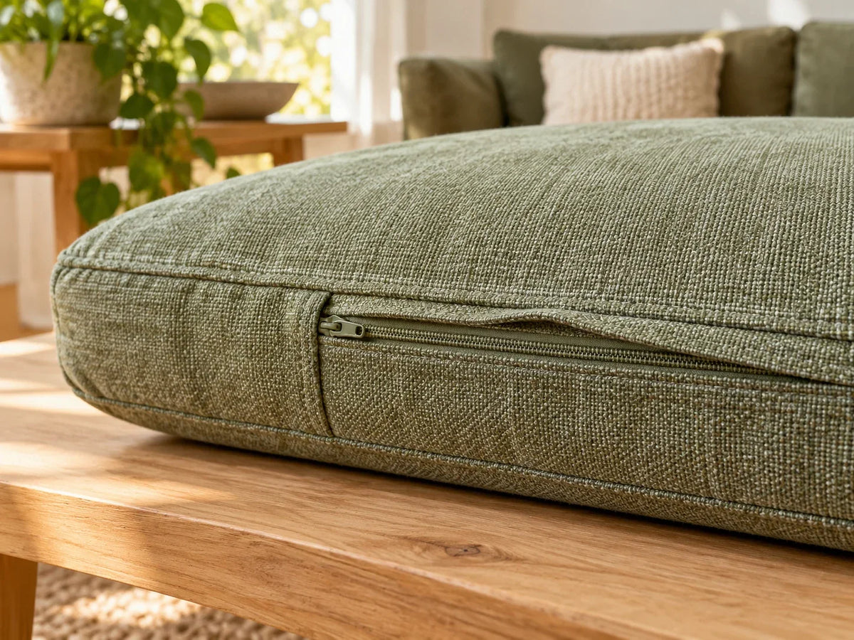 Rear seam and closed zip on an unloaded generic sage sofa cushion resting on a timber bench.