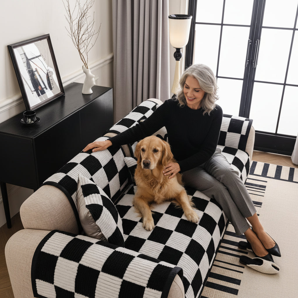 Sofa Decor Palermo Checker Chenille Sofa Cover Piece Australia close-up for Low-contrast pattern can disguise small marks better than a flat single colour.