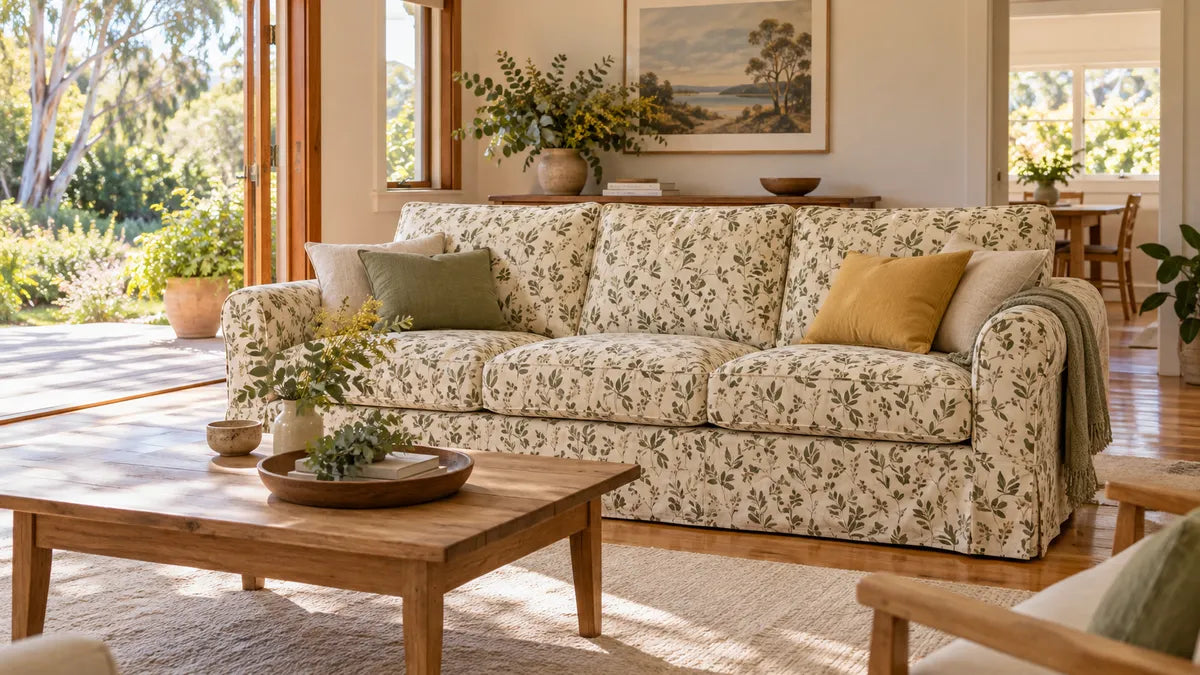 Patterned Sofa Covers styling illustration in an Australian-inspired room