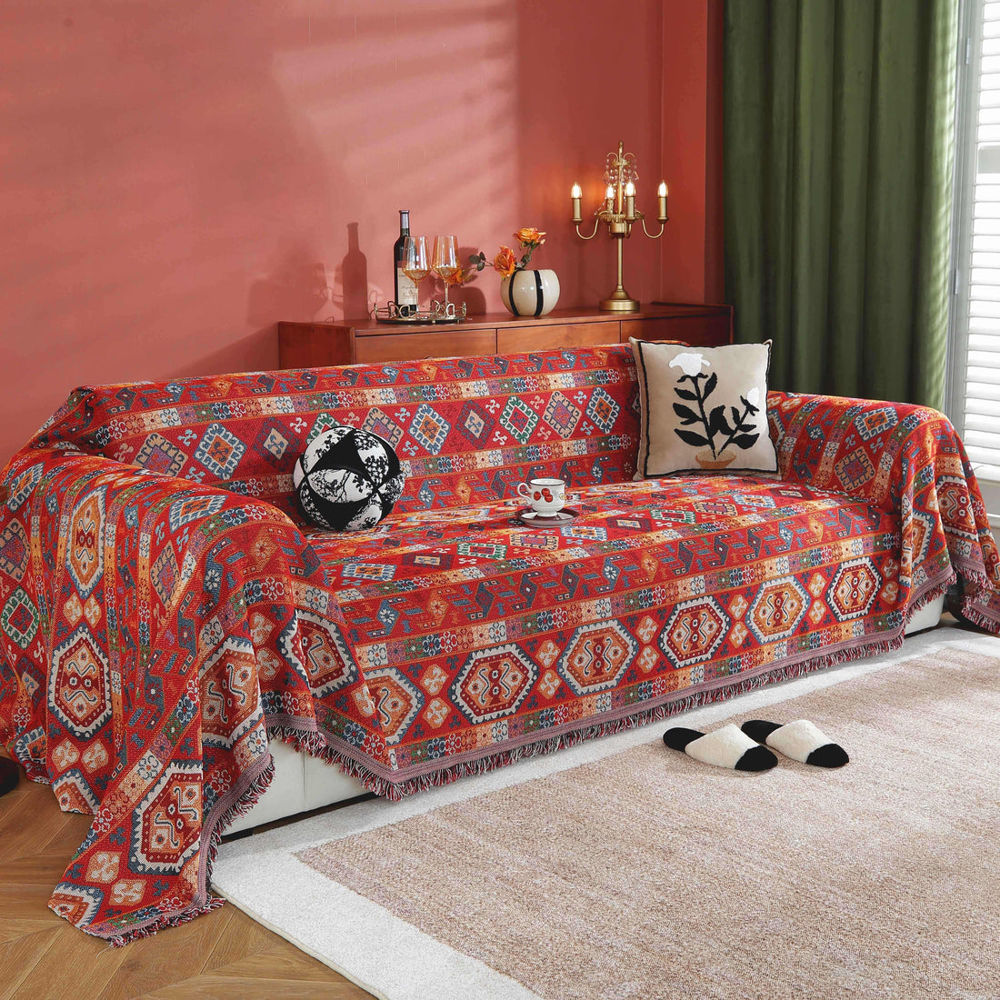 Sofa Decor Valencia Red Boho Sofa Cover styled for sofa cover styling and colour guide in Australian homes