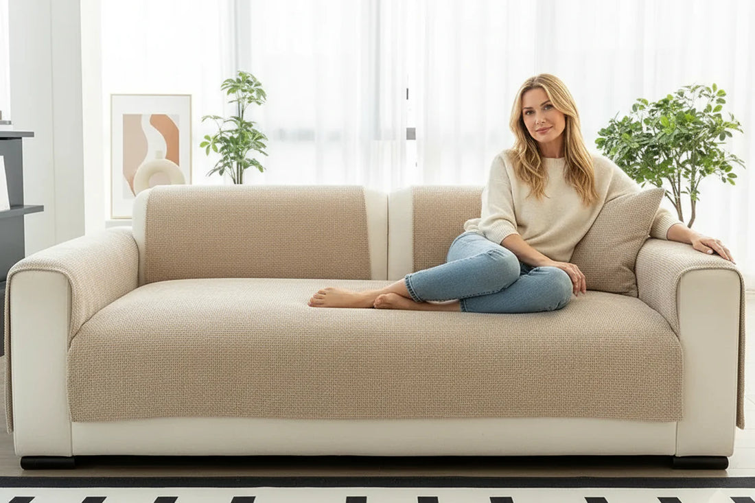 Sofa Decor Oslo Minimal Jacquard Sofa Cover styled for sofa cover sizing and fit guide in Australian homes