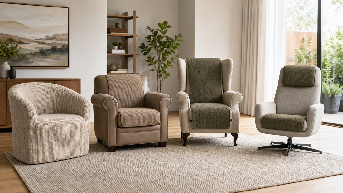 Tub, club, wingback and swivel armchairs shown with different cover formats
