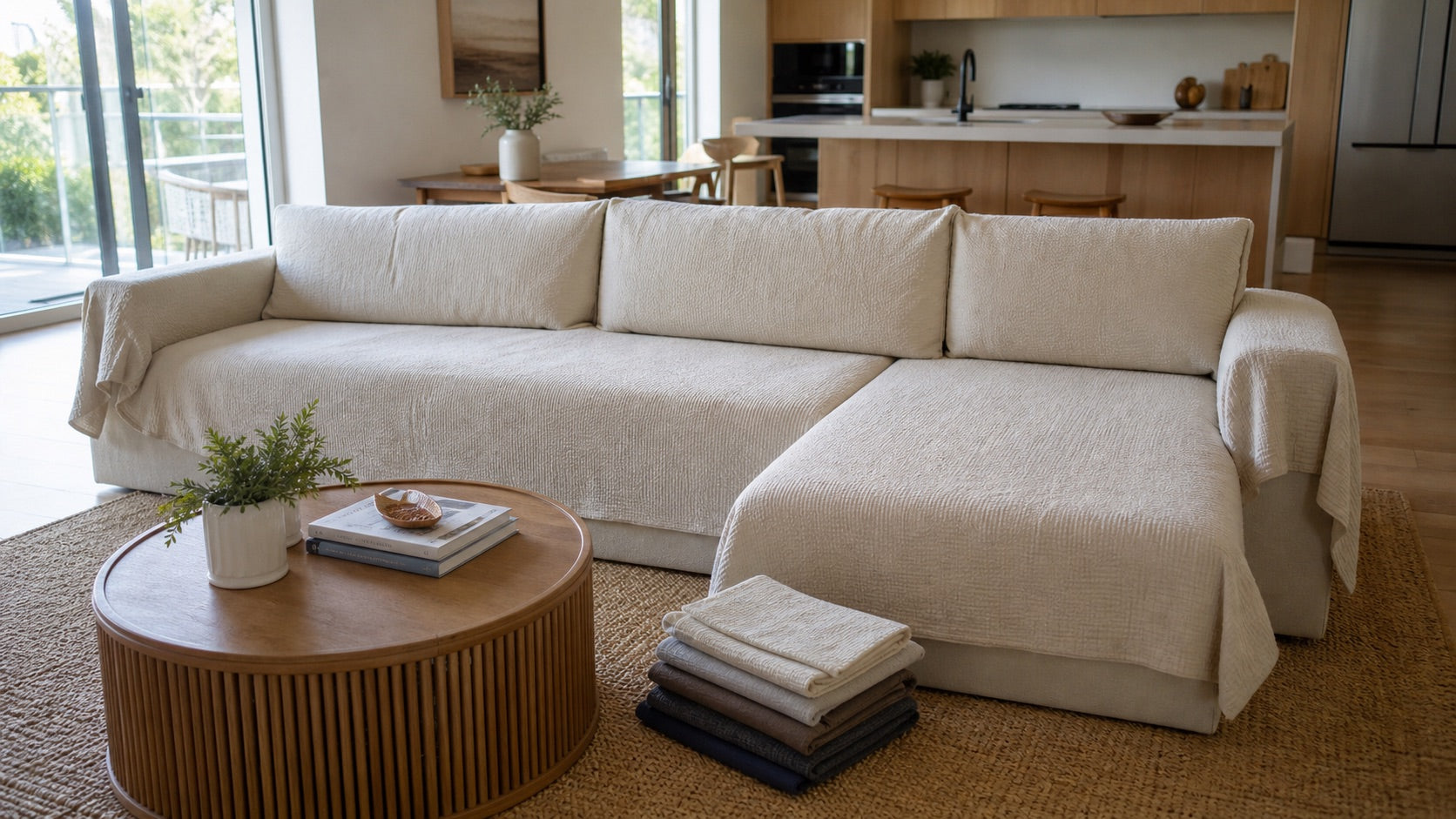 Generic modular sofa with chaise and neutral protective cover in an Australian living room