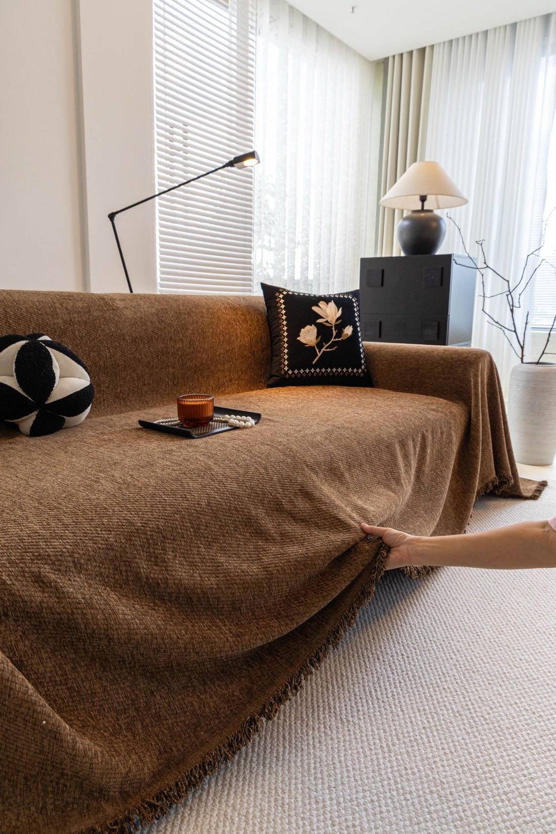 Sofa Decor Milano Ribbed Fringe Sofa Throw Cover styled for sofa cover styling and colour guide in Australian homes