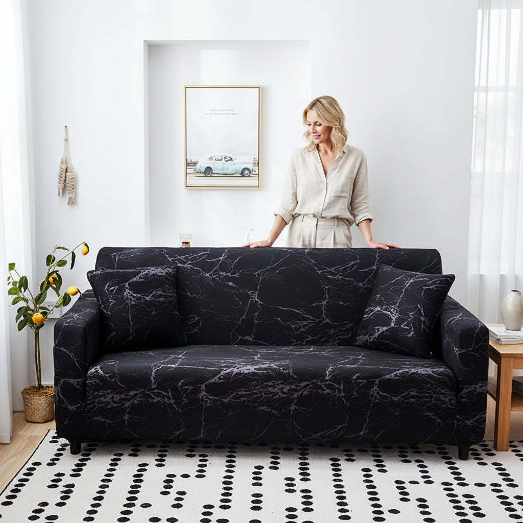 Sofa Decor Noir Marble Stretch Sofa Cover styled for sofa cover sizing and fit guide in Australian homes
