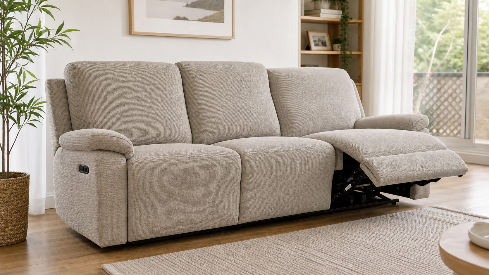 Three-seat recliner sofa with fitted covers shown in upright and extended positions