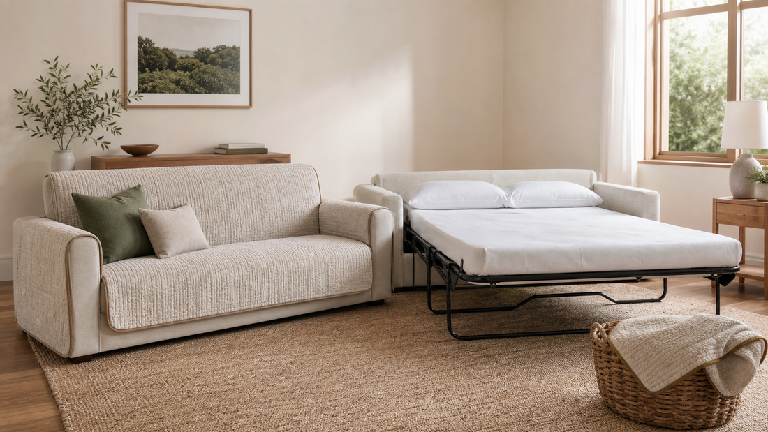 Sofa bed shown closed with a protective cover and open with the cover removed
