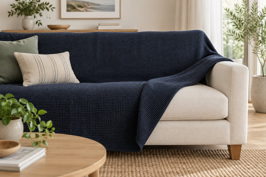 Navy woven sofa cover folded back to reveal a clean cream sofa in a bright living room