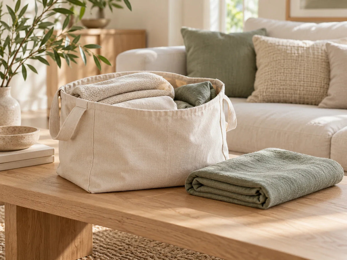 Folded neutral textiles in an open cotton storage bag, with a sage fabric piece on a timber table beside a cream sofa.