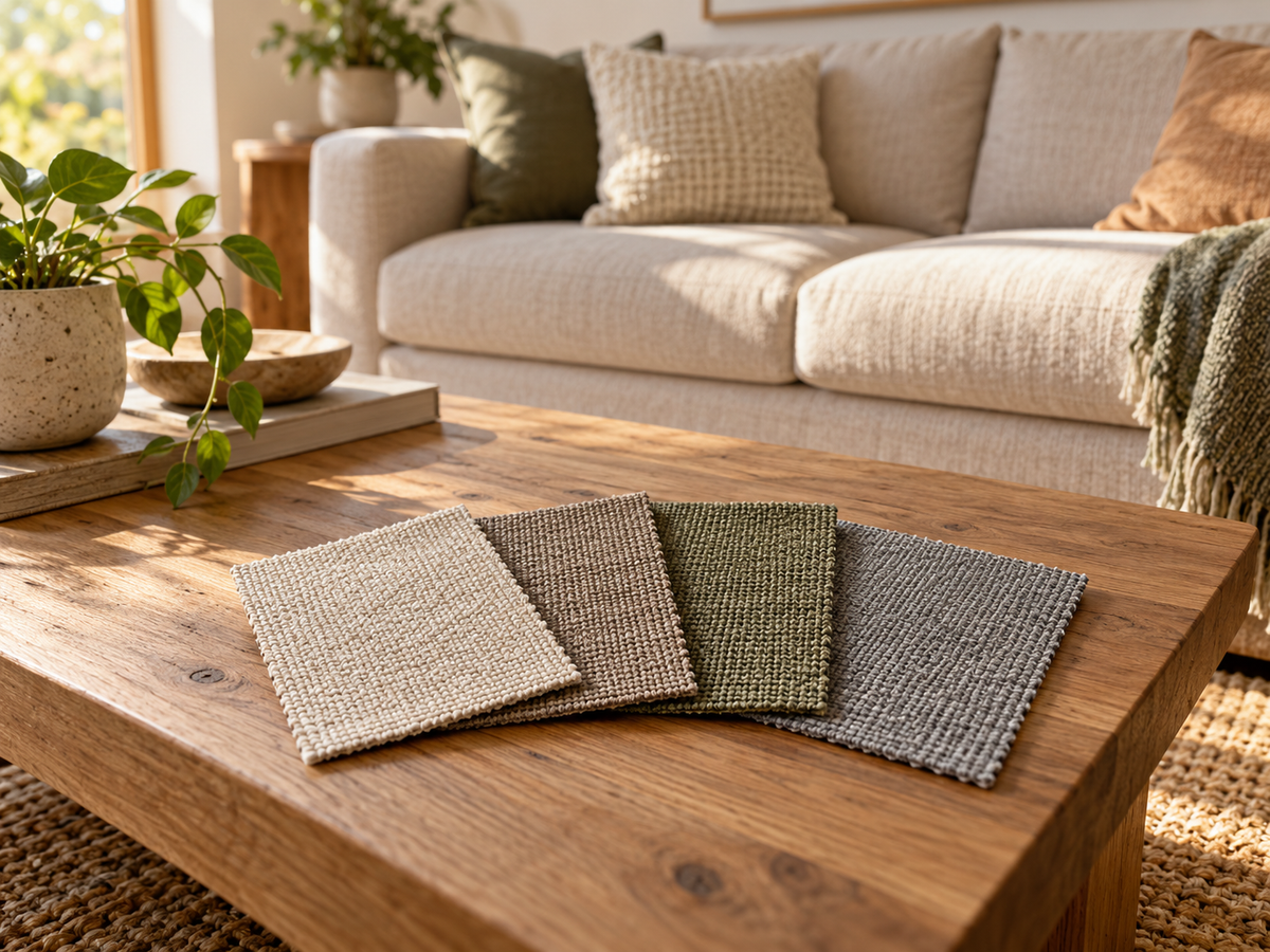 Four woven fabric swatches in cream, taupe, olive and grey on a timber table in front of a neutral sofa.