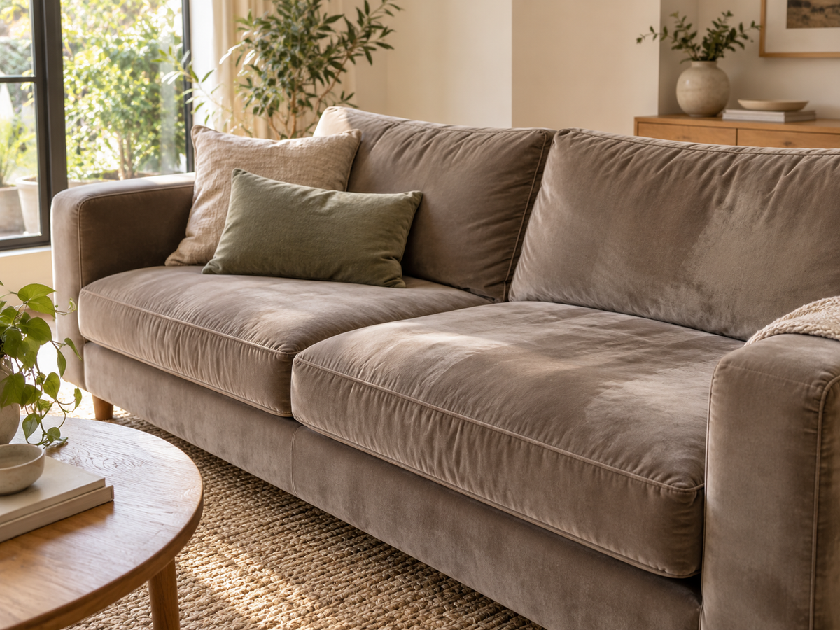 Taupe velvet sofa with subtle light and dark shading across the cushions in a sunlit lounge.