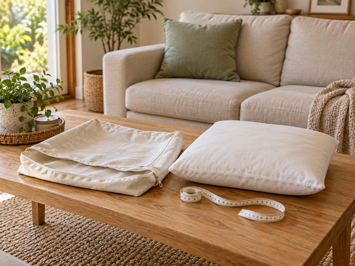 An empty neutral cushion cover beside a separate cushion insert and measuring tape on a timber table.