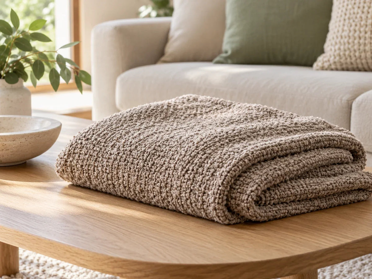A folded taupe raised-texture textile on a pale oak table beside a softly lit neutral sofa.