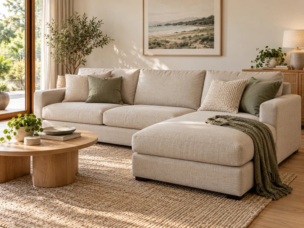 A neutral fabric sofa with a single chaise extension and a sage throw in a softly lit living room.