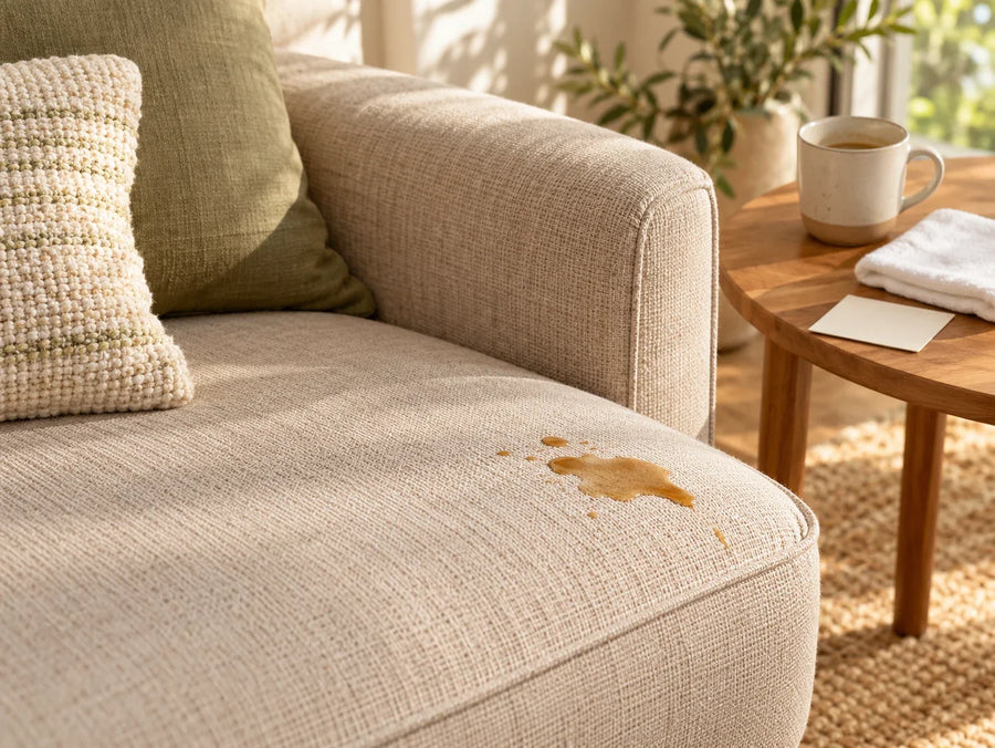 Small light-brown coffee spill on a generic beige sofa cushion, with a mug and white cloth on the adjacent table.