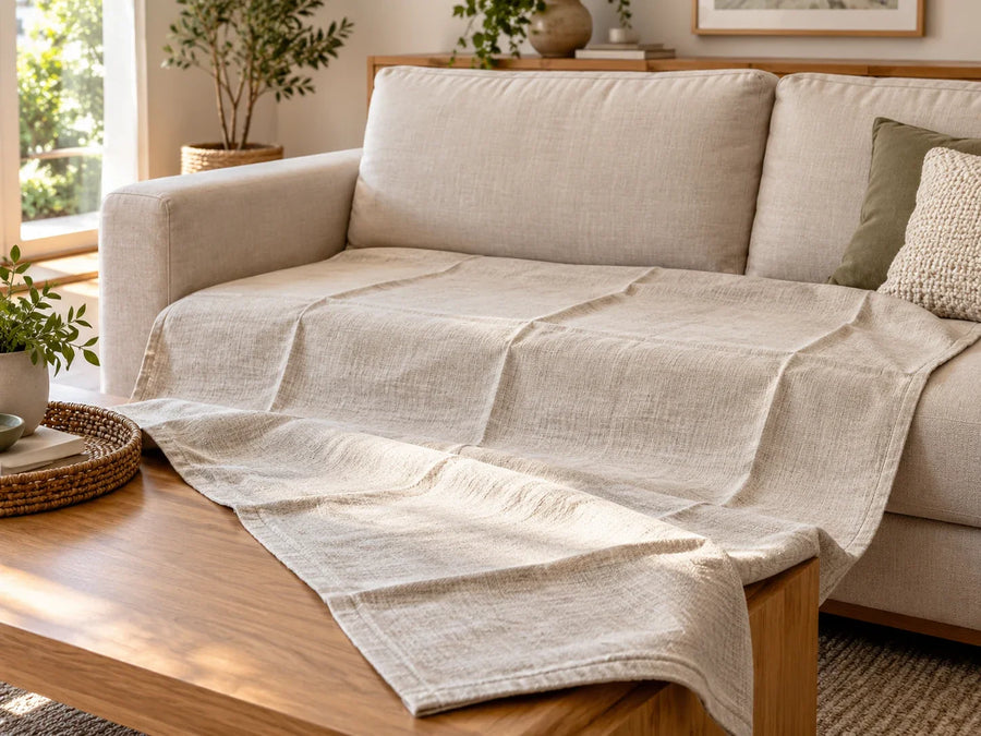 A loose oatmeal cloth cover with straight packing folds draped over a sofa seat and timber table.
