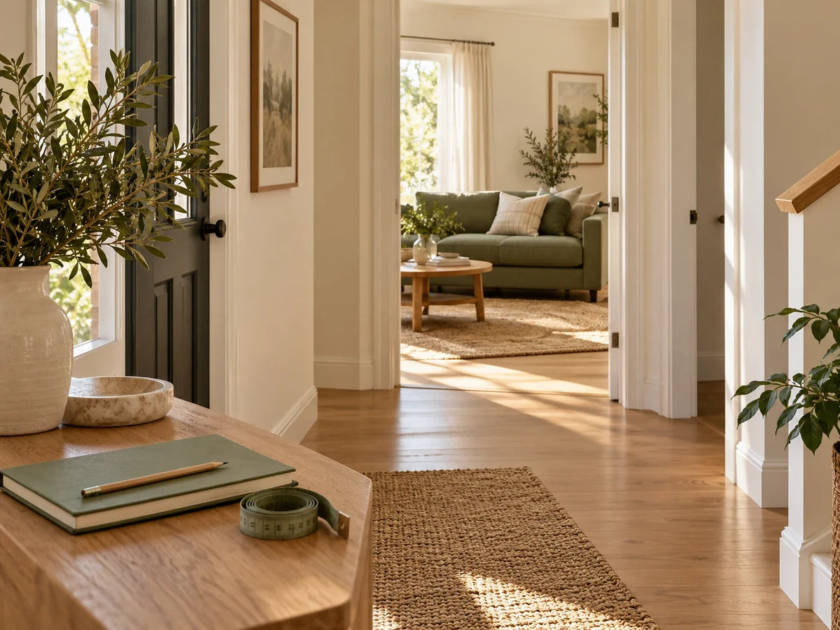 Open hallway and doorways leading to a sage sofa, with a notebook and measuring tape on a foreground console.