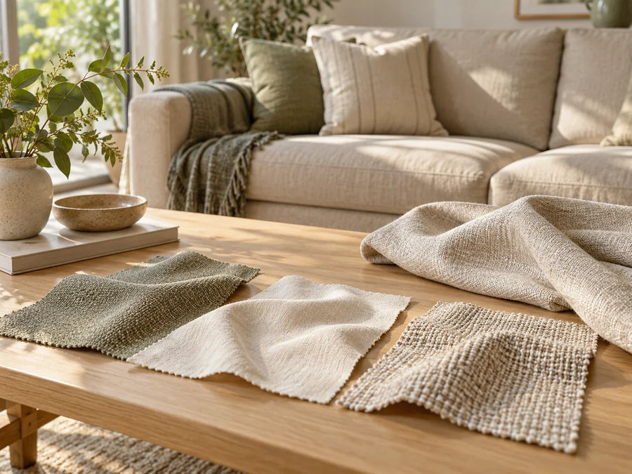 Three neutral fabric swatches and a loosely folded cloth on a timber coffee table beside a sofa.