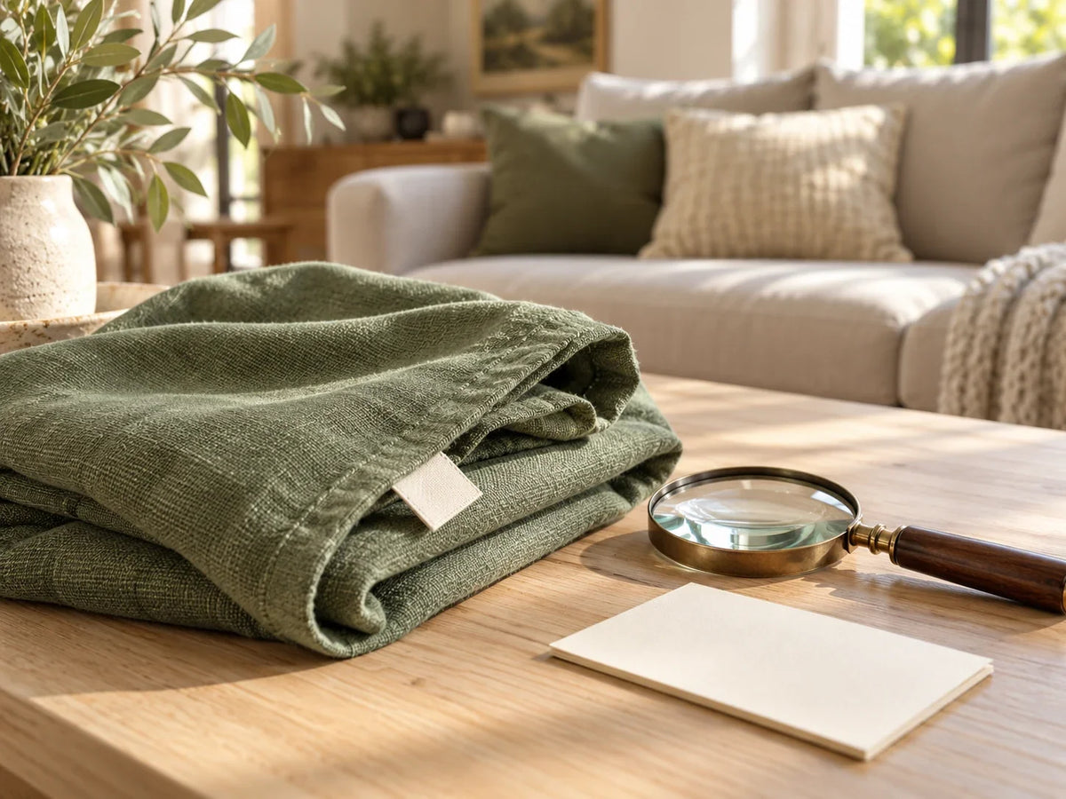 Folded sage textile with a blank fabric tag beside a magnifying glass and blank notecard on a timber table.