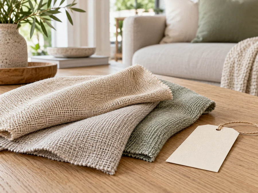Oat, stone and sage woven fabric swatches beside a blank cream tag on an oak table in a softly lit living room.