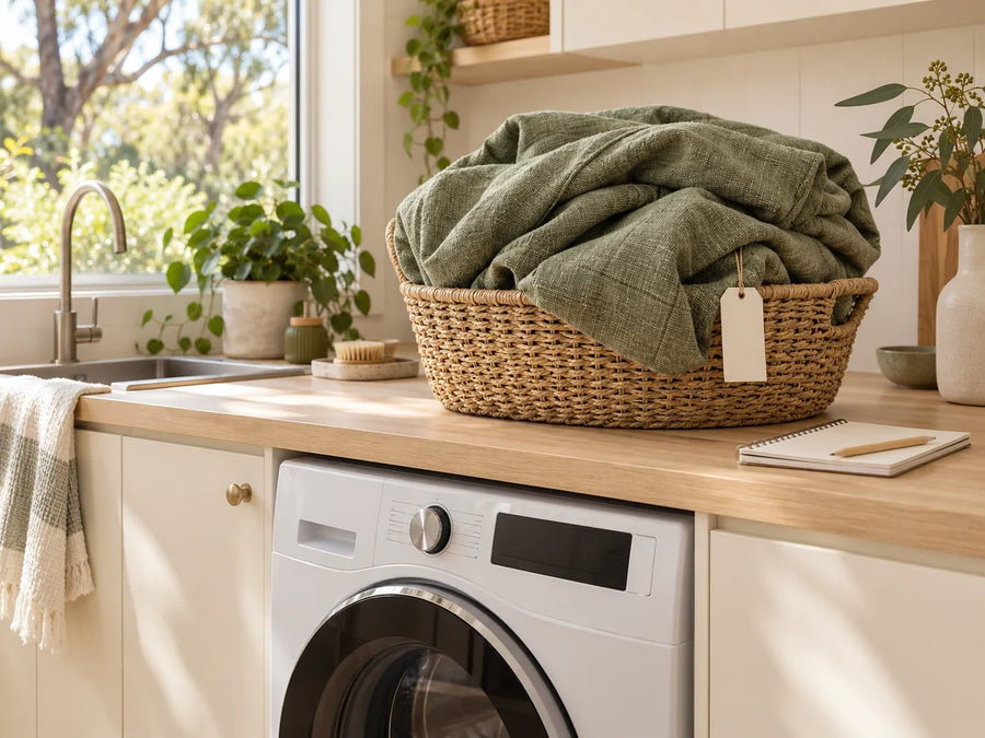 Bulky sage textile in a basket on a laundry counter above a closed front-loading washer, beside a blank notebook.