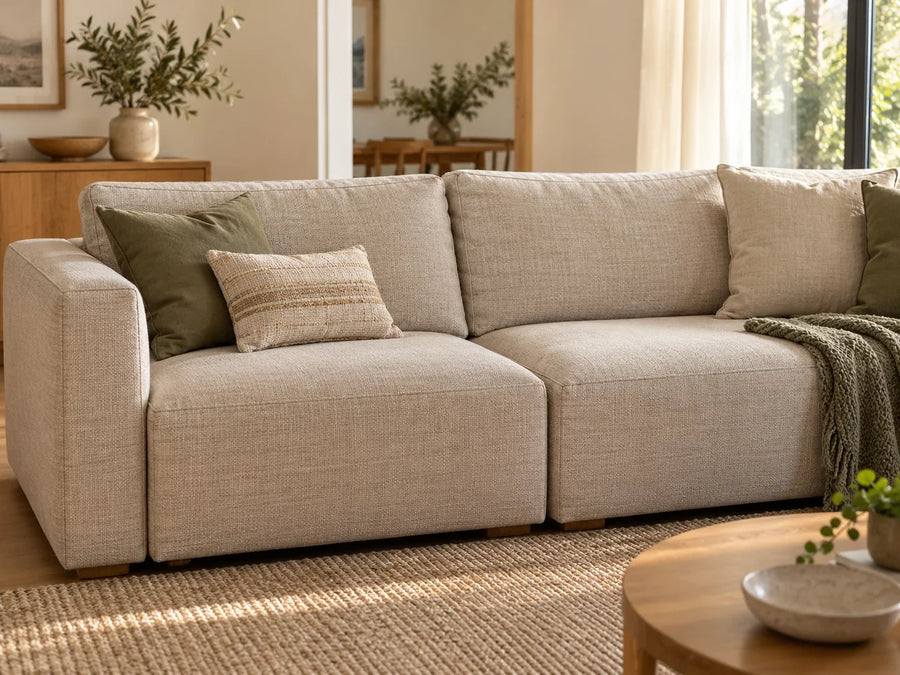 A neutral modular sofa with a visible join between two seat sections in a softly lit lounge.