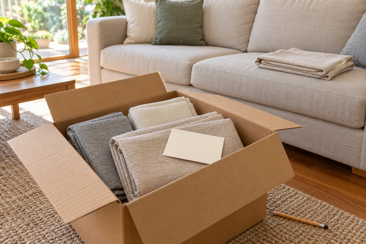 Open carton of separately folded neutral sofa-cover panels, with a blank inventory card beside an uncovered sofa.
