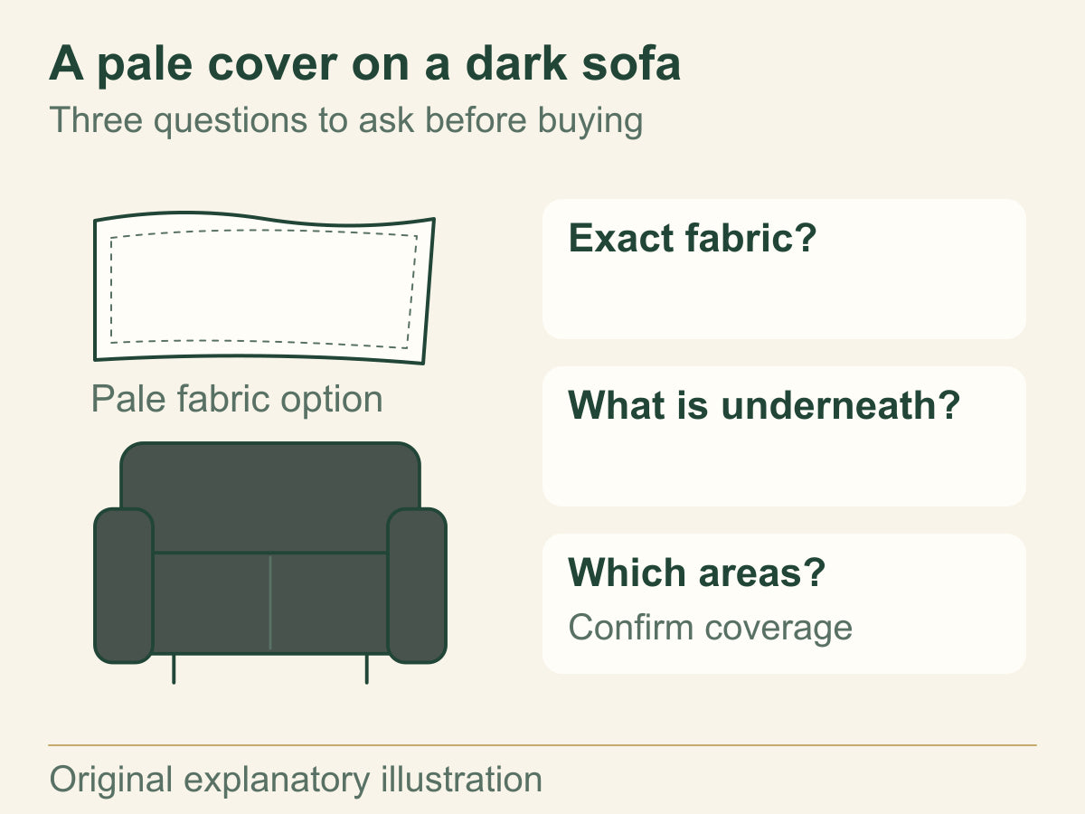 Dark sofa outline beside a pale fabric panel and three questions about the fabric, background and covered areas.