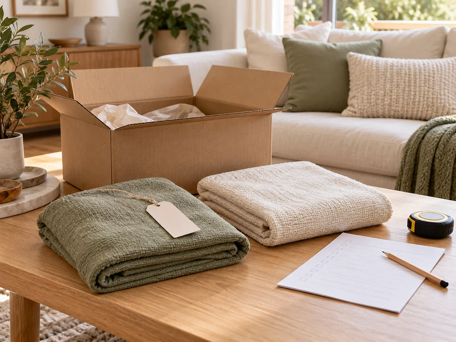 An open plain parcel beside two folded textiles, a blank swing label and a blank checking sheet on a timber table.