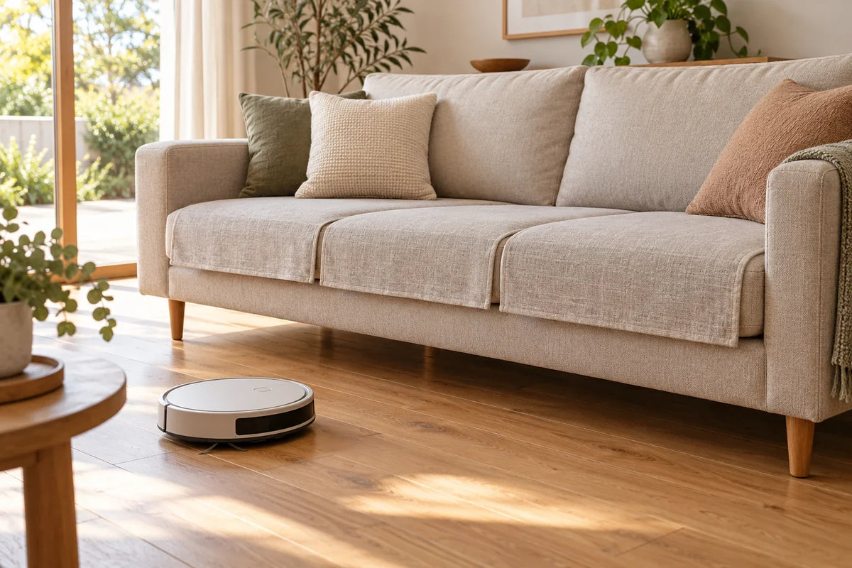 Robot vacuum on a clear timber floor beside a neutral sofa with fabric seat panels held above the floor.