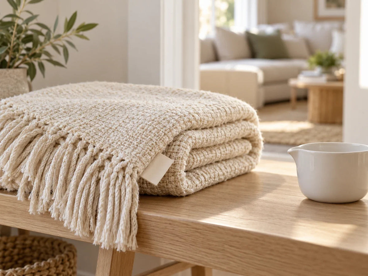 Folded cream fringed textile with a plain care tag beside a white ceramic cup on a timber bench, with a lounge beyond.