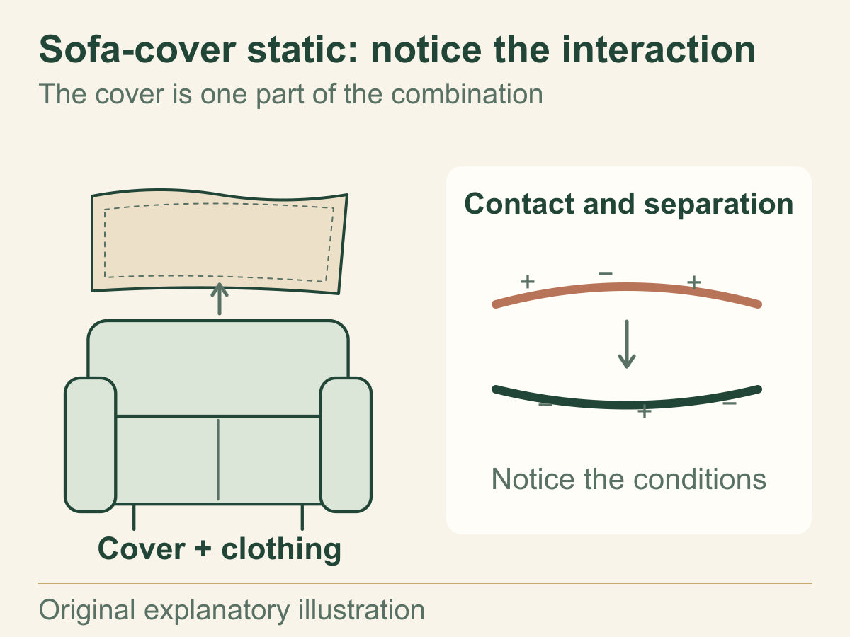 Generic sofa cover and clothing fabric shown separating, with an inset illustrating a static interaction.