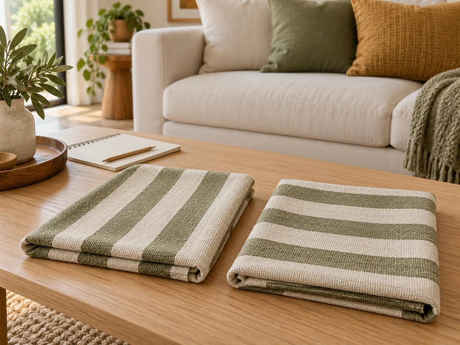 Two separate folded cream-and-olive striped textiles on a timber table, with their stripes running in different directions.