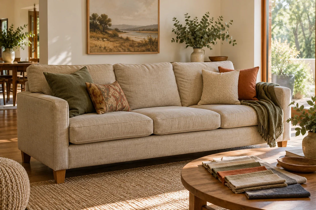 Older oatmeal fabric sofa with timber legs beside upholstery swatches in a sunlit living room.