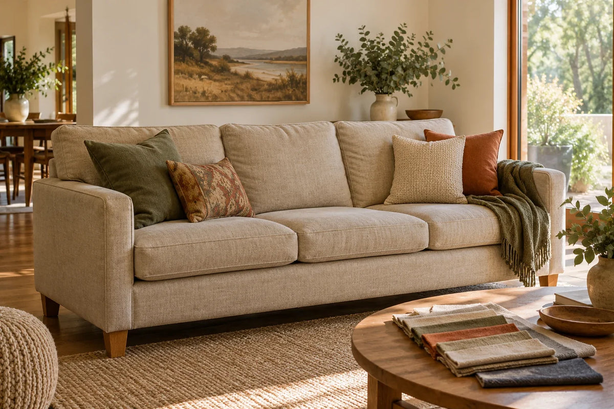 Older oatmeal fabric sofa with timber legs beside upholstery swatches in a sunlit living room.