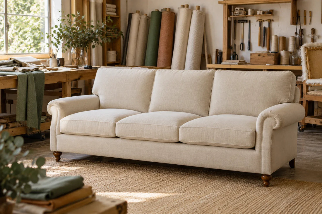Cream fabric sofa in a sunlit upholstery workshop beside material rolls and a timber workbench.