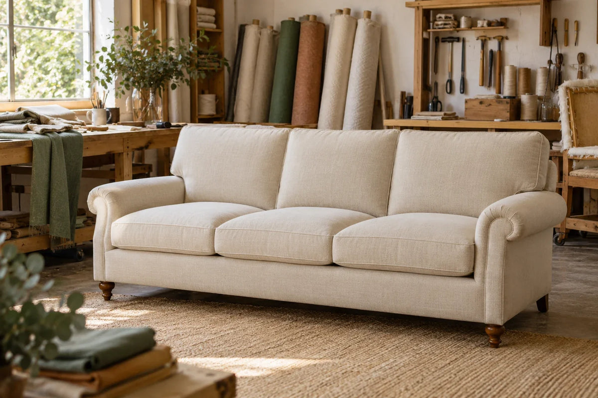 Cream fabric sofa in a sunlit upholstery workshop beside material rolls and a timber workbench.