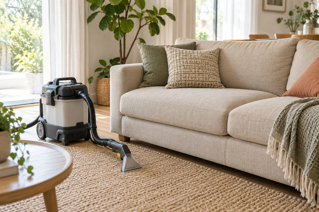 Unbranded upholstery-cleaning equipment beside a beige fabric sofa in a sunlit lounge.