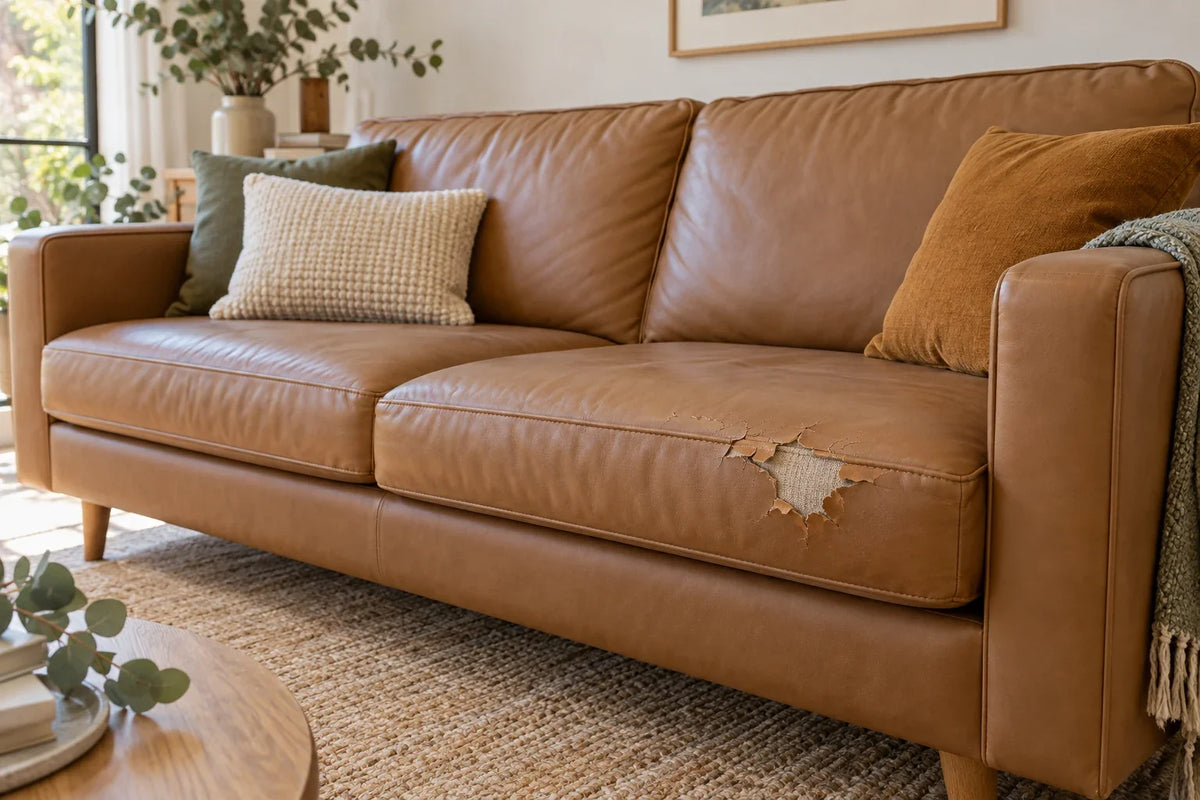 Tan faux-leather sofa with a small peeling coating patch exposing woven fabric backing.