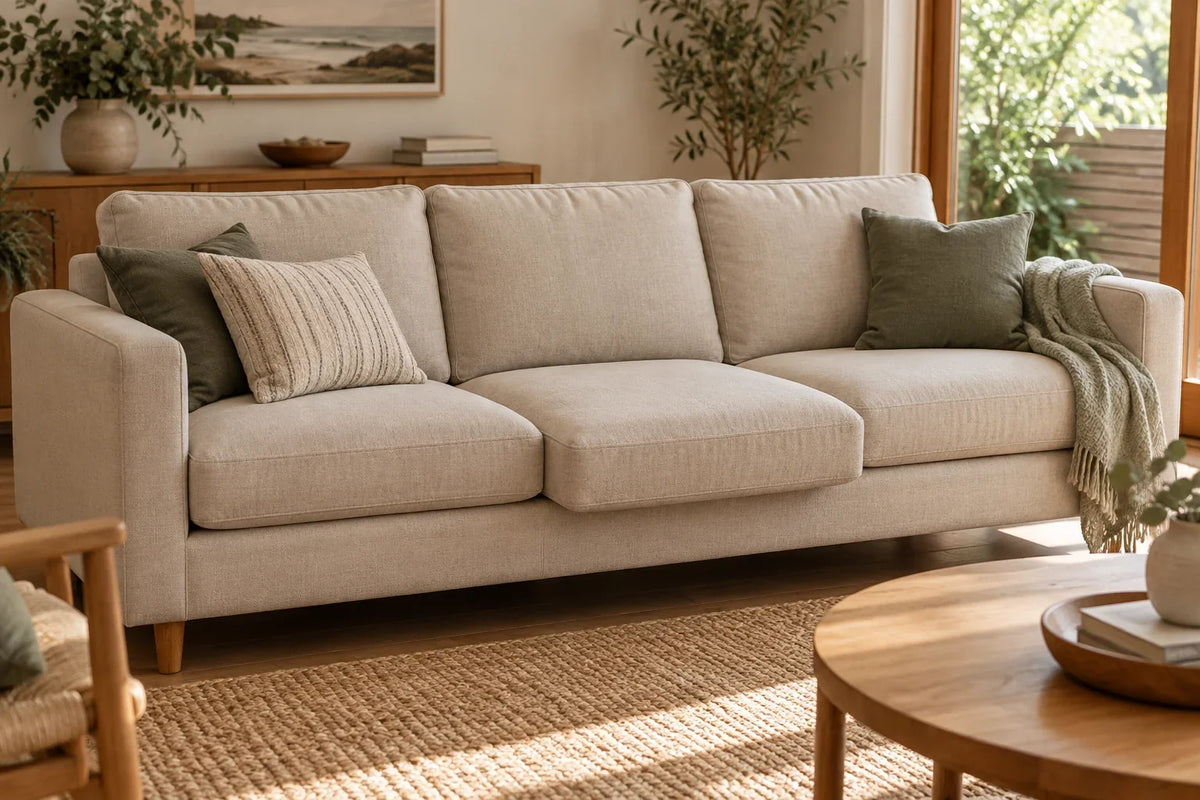Three loose seat cushions on a sofa, with the middle cushion sitting slightly forward.
