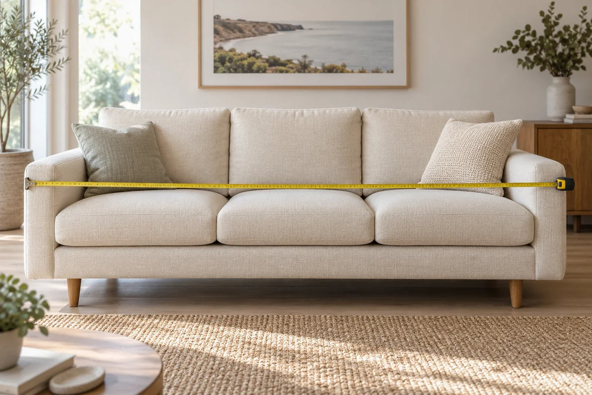 Cream sofa with a physical tape measure extended across its outside width.