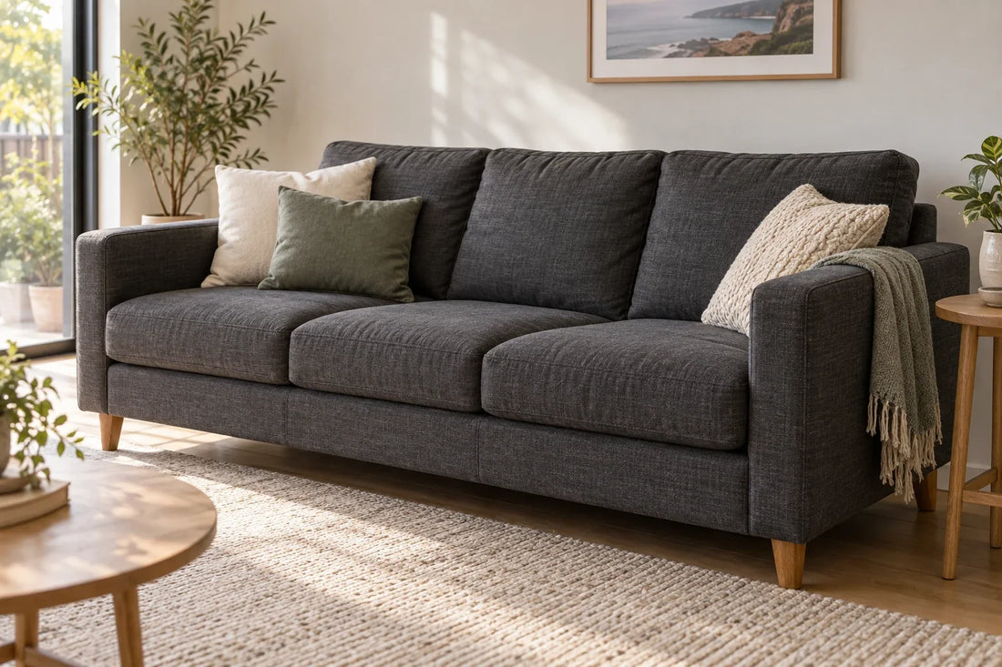 A used charcoal fabric sofa with light everyday creases in a bright home.