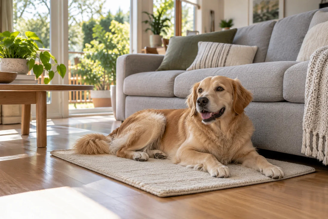 A golden dog resting on a floor mat beside a grey fabric sofa.